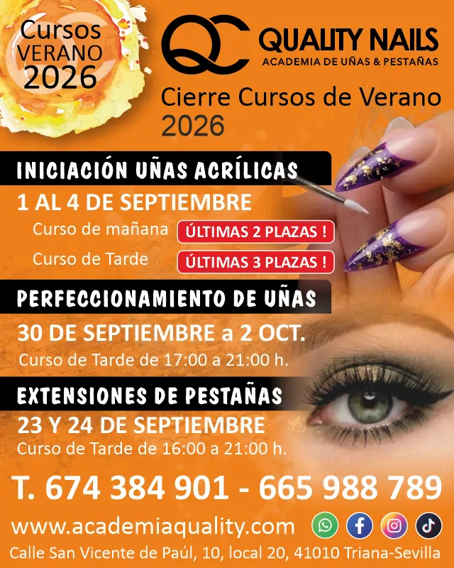 Cartel Cursos de Verano Quality Center Curso de Uñas acrílicas en Sevilla y cursos de Extensiones de Pestañas