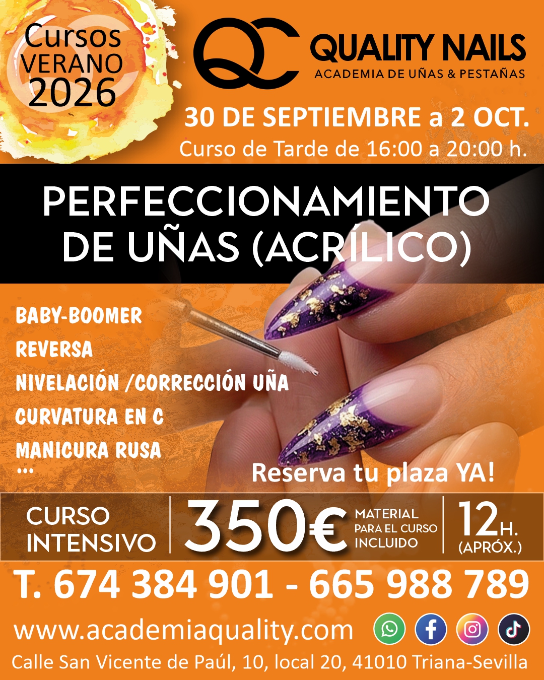 Cartel de curso de perfeccionamiento de uñas acrílicas quality center sevilla