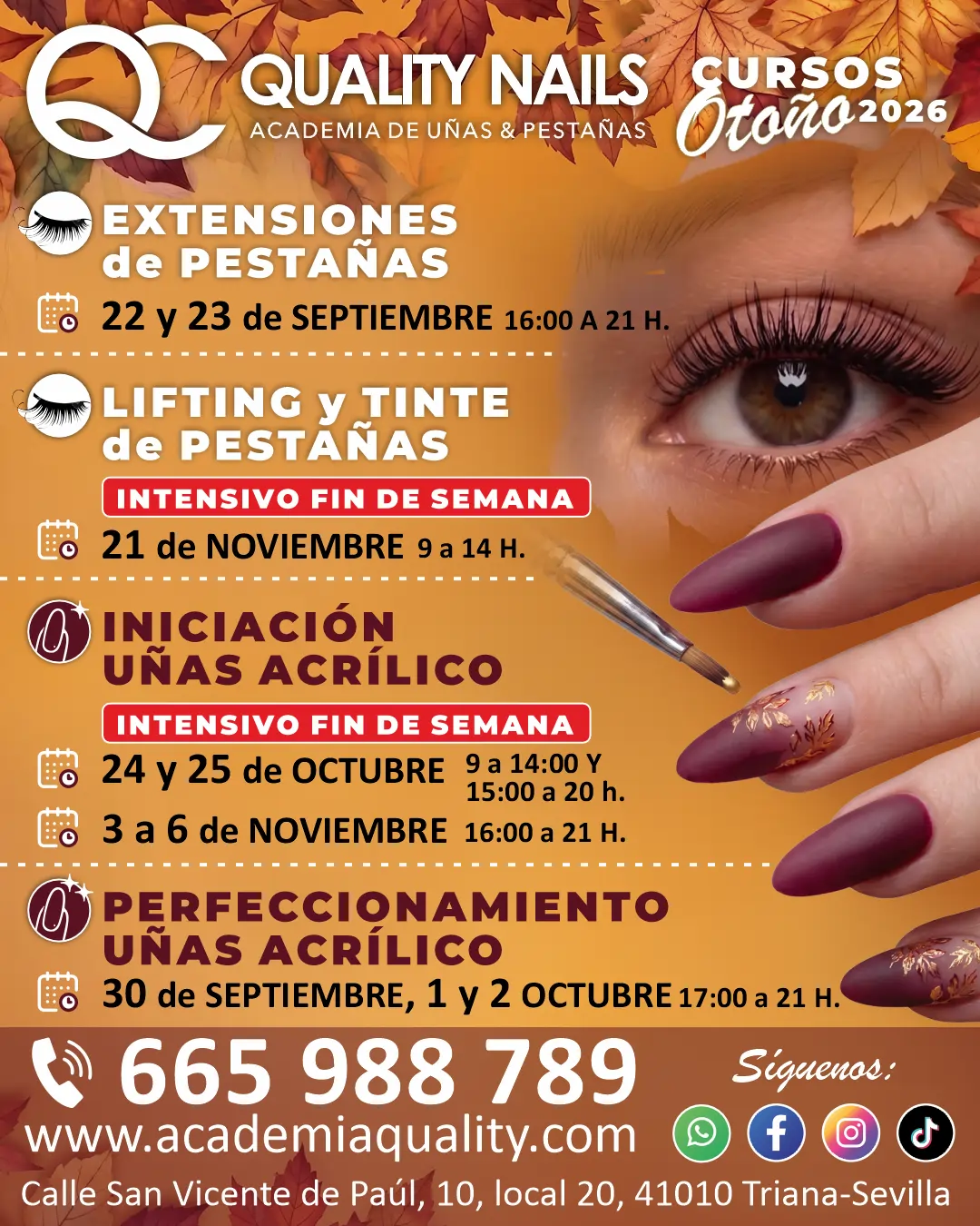 Cartel Cursos de oTOÑO Quality Center Curso de Uñas acrílicas en Sevilla y cursos de Extensiones Y LIFTING de Pestañas